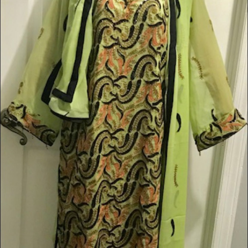 Green georgette with pink  gold and black work